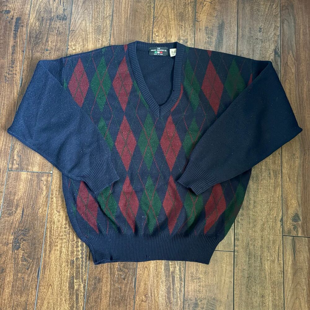 The Italian Sweater Co Cardigan Sweater Mens M Navy Blue Argyle Vintage 90s